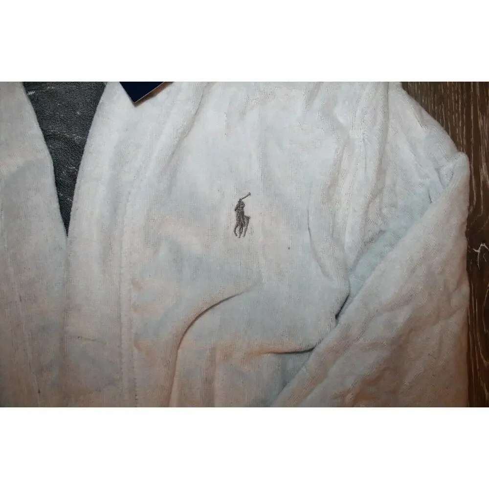 NWT RALPH LAUREN Large Polo Pony Plush Velour Bath Robe White‎ Gray $150